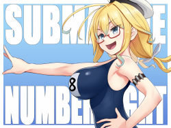 Rule 34 | 1girl, air bubble, arm strap, bare shoulders, blonde hair, blue eyes, book, breasts, bubble, commentary request, glasses, hand on own hip, hat, i-8 (kancolle), kantai collection, large breasts, low twintails, name tag, one-piece swimsuit, open mouth, peaked cap, red-framed eyewear, sailor hat, school swimsuit, semi-rimless eyewear, solo, submerged, swimsuit, tussy, twintails, under-rim eyewear, underwater
