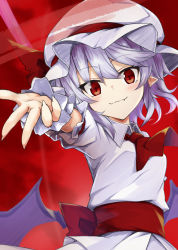 Rule 34 | 1girl, akisome hatsuka, ascot, bat wings, blush, breasts, closed mouth, commentary request, dress, fang, foreshortening, full moon, hat, mob cap, moon, night, night sky, petticoat, purple hair, reaching, reaching towards viewer, red ascot, red eyes, red moon, remilia scarlet, short hair, sky, small breasts, smile, solo, touhou, upper body, white dress, wings, wrist cuffs