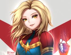Rule 34 | 1girl, animification, blonde hair, blue eyes, bodysuit, breasts, captain marvel, carol danvers, clenched hand, commentary, english commentary, gloves, lips, looking at viewer, marvel, medium breasts, mole, mole under eye, red gloves, reizdrawing, skin tight, smile, solo, superhero costume