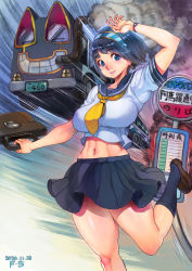 Rule 34 | absurdres, bad id, bad pixiv id, black hair, blue eyes, breasts, briefcase, bus, contemporary, dated, f.s., hairband, highres, impossible clothes, large breasts, leg up, loafers, menace (queen&#039;s blade), midriff, miniskirt, motor vehicle, neckerchief, queen&#039;s blade, school briefcase, school uniform, serafuku, setra, shoes, short hair, skirt, smile, socks, solo, thick thighs, thighs, yellow neckerchief