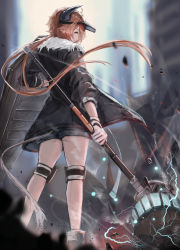 Rule 34 | 1girl, absurdres, arknights, bare shoulders, black footwear, black jacket, black shorts, boots, building, city, commentary, croissant (arknights), electricity, from behind, fur-trimmed jacket, fur trim, gloves, green eyes, hair between eyes, hammer, highres, holding, holding hammer, horns, jacket, knee pads, long hair, long sleeves, looking at viewer, looking back, nullsaki uta, off shoulder, orange hair, outdoors, shield, short shorts, shorts, simple background, smile, solo, standing, tail, thighs, very long hair, visor cap, white gloves