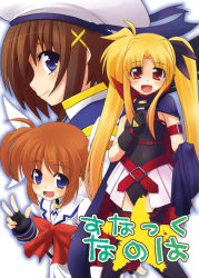 Rule 34 | 00s, 3girls, :d, armlet, bare shoulders, belt, beret, blonde hair, blue eyes, bow, brown hair, buckle, fate testarossa, fingerless gloves, gloves, hair ornament, hat, looking at viewer, lyrical nanoha, mahou shoujo lyrical nanoha, mahou shoujo lyrical nanoha a&#039;s, multiple girls, namuru, num, open mouth, orange hair, purple eyes, red bow, red eyes, red hair, sidelocks, smile, takamachi nanoha, thighhighs, twintails, wings, x hair ornament, yagami hayate