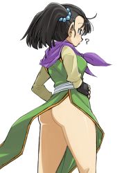 Rule 34 | 1girl, ?, absurdres, ass, black hair, breasts, closed mouth, dragon quest, dragon quest iii, fighter (dq3), fingerless gloves, gloves, hair bobbles, hair ornament, highres, long hair, muramasa mikado, short twintails, simple background, solo, twintails, white background
