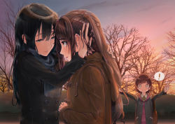 Rule 34 | !, 3girls, bag, black coat, black hair, blue scarf, brown coat, brown eyes, brown hair, coat, crying, crying with eyes open, dusk, forevernight, green eyes, hand in another&#039;s hair, own hands clasped, highres, honda mio, idolmaster, idolmaster cinderella girls, interlocked fingers, long hair, multiple girls, new generations, outdoors, own hands together, scarf, shibuya rin, shimamura uzuki, short hair, speech bubble, tears, upper body, winter clothes