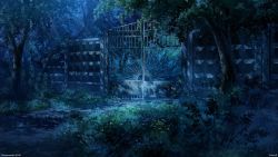 Rule 34 | artist name, bush, copyright name, copyright request, fence, forest, gate, grass, highres, nature, night, no humans, outdoors, scenery, tree, troncill