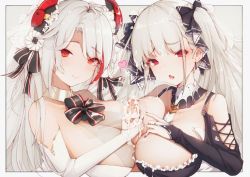 Rule 34 | 1boy, 2girls, azur lane, bad id, bad pixiv id, bare shoulders, blush, breasts, cleavage, cooperative paizuri, cum, cum on body, cum on breasts, cum on hair, cum on upper body, cum string, cumdrip, facial, feng yezi, formidable (azur lane), hair ornament, handjob, huge breasts, large breasts, long hair, looking at viewer, multiple girls, nail polish, open mouth, paizuri, paizuri under clothes, penis, prinz eugen (azur lane), prinz eugen (symphonic fate) (azur lane), red eyes, ribbon, smile, white hair
