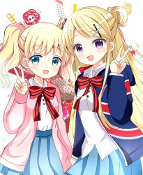 Rule 34 | 2girls, :d, alice cartelet, blonde hair, blue eyes, blue jacket, blue skirt, bow, collared shirt, commentary request, hair bun, hair ornament, hairclip, hand up, highres, jacket, kin-iro mosaic, kujou karen, looking at viewer, multiple girls, open clothes, open jacket, open mouth, pink jacket, pleated skirt, print jacket, purple eyes, red bow, ryoutan, shirt, simple background, skirt, smile, striped, striped bow, swept bangs, twintails, union jack, v, white background, white shirt, x hair ornament