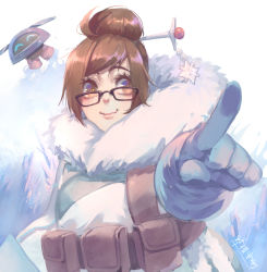 Rule 34 | 1girl, artist name, beads, belt, belt pouch, black-framed eyewear, blue gloves, brown eyes, brown hair, closed mouth, coat, drone, eyebrows, eyelashes, floating, fur-trimmed jacket, fur coat, fur trim, glasses, gloves, hair bun, hair ornament, hair stick, hand on own hip, hand up, harness, highres, index finger raised, jacket, long sleeves, looking at viewer, machinery, matching hair/eyes, mei (overwatch), nose, overwatch, overwatch 1, parka, pink lips, pointing, pouch, robot, short hair, sidelocks, signature, single hair bun, smile, snowball (overwatch), snowflake hair ornament, solo, strap, swept bangs, upper body, utility belt, winter clothes, winter coat, yemao shouche