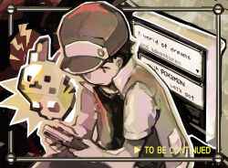 Rule 34 | 1boy, badge, baseball cap, black hair, black shirt, closed mouth, commentary, creatures (company), english text, framed, game boy, game freak, gen 1 pokemon, handheld game console, hat, holding, holding handheld game console, jacket, lightning bolt symbol, lillin, looking down, male focus, nintendo, open clothes, open jacket, pikachu, playing games, pokemon, pokemon rgby, red (pokemon), shirt, short hair, sitting, smile