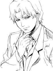 Rule 34 | 00s, 1boy, ashiomi masato, darker than black, formal, greyscale, hand on own chin, lineart, male focus, monochrome, november 11 (darker than black), portrait, simple background, solo, stroking own chin, suit, upper body, white background