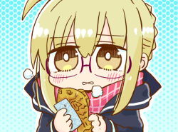 Rule 34 | 1girl, ahoge, artoria pendragon (fate), black jacket, blonde hair, blue background, blush, brown eyes, commentary request, fate/grand order, fate (series), food, glasses, hair between eyes, halftone, halftone background, holding, holding food, jacket, kasuga yuuki, long sleeves, mysterious heroine x alter (fate), open clothes, open jacket, parted lips, pink scarf, purple-tinted eyewear, scarf, solo, taiyaki, tinted eyewear, upper body, wagashi
