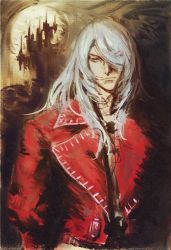 Rule 34 | 1boy, castle, castlevania (series), castlevania: harmony of dissonance, commentary, english commentary, hair over one eye, hexunart, highres, jacket, juste belmont, konami, long hair, male focus, moon, red jacket, solo, v-shaped eyebrows, white hair, yellow eyes