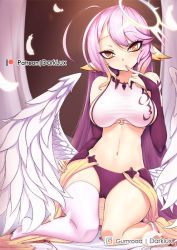 Rule 34 | 1girl, :o, angel wings, artist name, artist request, asymmetrical legwear, breasts, bridal gauntlets, commentary, spiked halo, crop top, feathered wings, feathers, finger to mouth, gradient hair, halo, jibril (no game no life), large breasts, long hair, looking at viewer, low wings, magic circle, midriff, mismatched legwear, multicolored eyes, multicolored hair, navel, no game no life, orange eyes, pink hair, sideboob, sitting, solo, tattoo, very long hair, wariza, white wings, wing ears, wings, yellow eyes