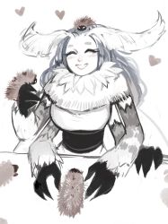 Rule 34 | 1girl, absurdres, antennae, arthropod girl, bad id, bad tumblr id, bug, closed eyes, dress, extra arms, fur collar, hand up, heart, highres, insect, insect girl, larva, long sleeves, matilda fiship, monster girl, moth, moth girl, mother lumi (matilda fiship), original, sash, simple background, smile, solo, upper body, white background, white dress