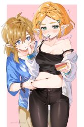 Rule 34 | 1boy, 1girl, @ @, alternate costume, averting eyes, belly grab, black pants, black tank top, blonde hair, blue eyes, blue shirt, braid, breasts, collarbone, commentary request, crown braid, cup, earrings, embarrassed, flying sweatdrops, food, grabbing another&#039;s belly, green eyes, hair between eyes, hair ornament, hairclip, highres, holding, holding cup, jacket, jewelry, link, looking at another, medium breasts, navel, nintendo, off shoulder, pants, parted bangs, pointy ears, princess zelda, shirt, short hair, shuri (84k), simple background, strap slip, tank top, the legend of zelda, the legend of zelda: tears of the kingdom, tight clothes, tight pants, twitter username, utensil in mouth, weight conscious, white jacket