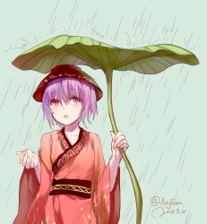 Rule 34 | 1girl, augetsix, bad id, bad twitter id, bowl, dated, dress, green background, japanese clothes, leaf, leaf umbrella, light purple hair, long sleeves, looking up, object on head, open mouth, rain, red dress, red eyes, sash, short hair, simple background, solo, sukuna shinmyoumaru, touhou, twitter username, wide sleeves
