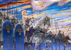 Rule 34 | 1girl, armor, barding, blonde hair, blue eyes, cloud, commentary request, fate/apocrypha, fate (series), flag, headpiece, helmet, holding, holding flag, horse, jeanne d&#039;arc (fate), jeanne d&#039;arc (ruler) (fate), jeanne d&#039;arc (third ascension) (fate), jun ling, knight, long hair, polearm, purple thighhighs, shield, sky, solo focus, spear, sunset, sword, thighhighs, weapon