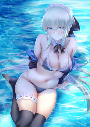 Rule 34 | 1girl, absurdres, bikini, black bikini, black bow, black jacket, black thighhighs, blue eyes, bow, braid, breasts, cleavage, fate/grand order, fate (series), french braid, grey hair, hair bow, highres, jacket, large breasts, long hair, long sleeves, looking at viewer, morgan le fay (fate), okuma707, ponytail, revision, sidelocks, solo, swimsuit, thighhighs, thighs, very long hair