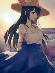 Rule 34 | 1girl, :d, absurdres, bare shoulders, black hair, blue eyes, blue skirt, blurry, blurry background, breasts, brown hat, depth of field, frilled shirt, frills, hair ornament, hairclip, hat, highres, horizon, long hair, medium breasts, misaki nonaka, nijisanji, ocean, off-shoulder shirt, off shoulder, open mouth, outdoors, profile, shirt, skirt, smile, solo, straw hat, sunset, teeth, tsukino mito, upper teeth only, very long hair, virtual youtuber, water, white shirt