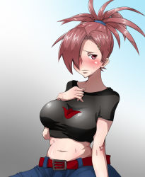 Rule 34 | 00s, 1girl, alternate color, belly, belt, blush, breasts, brown hair, creatures (company), crop top, denim, flannery (pokemon), full-face blush, game freak, gym leader, hair ornament, hair over one eye, hairclip, jeans, large breasts, long hair, looking at viewer, midriff, navel, nintendo, pants, plump, pokemon, pokemon rse, ponytail, red eyes, scrunchie, shiny skin, shirt, solo, sweatdrop, taut clothes, taut shirt, terui