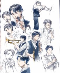 Rule 34 | 1boy, ashibe, black hair, black vest, bow, bowtie, cropped legs, cropped torso, holding, holding microphone, instrument, katsuragi jun&#039;ichi, male focus, microphone, multiple views, music, partially colored, playing instrument, sakamichi no apollon, saxophone, short hair, simple background, singing, vest, white background