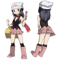 Rule 34 | 1girl, ass, back, bad id, bad pixiv id, bag, beanie, black eyes, black hair, black socks, blush, boots, breasts, condom, condom wrapper, creatures (company), dawn (pokemon), full body, game freak, hat, knee boots, kneehighs, long hair, multiple views, naughty face, nintendo, panties, pantyshot, pink footwear, pokemon, red scarf, ryuntack, scarf, simple background, skirt, small breasts, smile, socks, striped clothes, striped panties, underwear, upskirt, white background