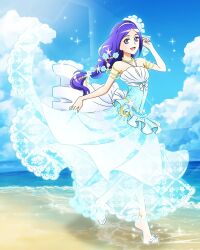 Rule 34 | 1girl, :d, alternate costume, aono miki, artist request, bare shoulders, beach, cloud, commentary, dress, english commentary, eyelashes, fresh precure!, hair ornament, hairband, happy, highres, long hair, looking at viewer, ocean, official art, open mouth, precure, precure connection puzzlun, purple eyes, purple hair, sky, smile, solo, third-party source
