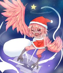 Rule 34 | 1girl, ;d, animal ears, bare shoulders, bird ears, blush, box, christmas, commentary request, copyright request, dark-skinned female, dark skin, destinyblade, fang, feathers, full body, harpy, hat, highres, long hair, looking at viewer, monster girl, one eye closed, open box, open mouth, partial commentary, pink eyes, pink feathers, pink hair, pointy ears, santa hat, sky, smile, solo, star (sky), starry sky, talons, winged arms, wings