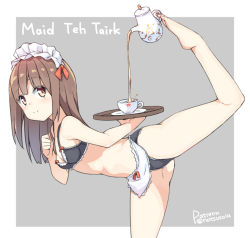 Rule 34 | 1girl, barefoot, bikini, bra, brown hair, cup, decantering, english text, engrish text, frilled bra, frilled panties, frills, hatsunatsu, holding with feet, maid, maid bikini, maid headdress, medium hair, mixed-language text, original, outside border, panties, patreon username, pouring, ranguage, simple background, solo, standing, standing on one leg, swimsuit, tea, teacup, tray, unconventional maid, underwear, underwear only, yellow eyes