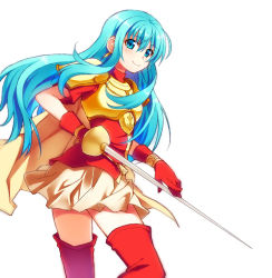 Rule 34 | 1girl, aqua hair, armor, blush, boots, bracelet, breastplate, cape, earrings, eirika (fire emblem), female focus, fire emblem, fire emblem: the sacred stones, gloves, hair between eyes, holding, holding sword, holding weapon, jewelry, long hair, looking at viewer, looking back, nintendo, rapier, red footwear, red gloves, shoulder armor, simple background, skirt, smile, solo, sword, thigh boots, thighhighs, weapon, white background, white cape, white skirt, yuki (sumaburalove)