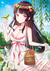 Rule 34 | 1girl, absurdres, bad id, bad pixiv id, bag, bird, bird on hand, black hair, blue sky, blunt bangs, bracelet, breasts, cleavage, commentary request, daisy, dress, flower, frilled dress, frills, hair bun, hair flower, hair ornament, hairclip, handbag, head wreath, highres, hime cut, iren lovel, jewelry, lace, lace-trimmed dress, lace trim, leaf, lens flare, long hair, medium breasts, original, outdoors, red eyes, ribbon, scenery, sidelocks, single hair bun, sky, smile, solo, tree, water, white dress