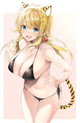 Rule 34 | 1girl, :d, animal ear fluff, animal ears, bare arms, bare shoulders, bikini, black bikini, black ribbon, blonde hair, blue eyes, blush, border, breasts, chinese zodiac, cleavage, collarbone, cowboy shot, fang, gradient background, hachimiya meguru, hair ornament, hairclip, halterneck, hand on own hip, highres, idolmaster, idolmaster shiny colors, inuzumi masaki, kemonomimi mode, large breasts, long hair, looking at viewer, low twintails, navel, open mouth, outside border, pink background, ribbon, side-tie bikini bottom, skin fang, smile, solo, stomach, string bikini, swimsuit, tail, tiger ears, tiger girl, tiger tail, twintails, v, white border, year of the tiger