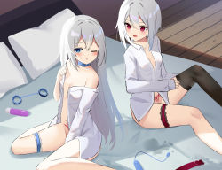 Rule 34 | 2girls, absurdres, aftersex, bare shoulders, black legwear, blue collar, blue eyes, blush, breasts, chinese commentary, collar, collared shirt, commentary request, dildo, grey hair, highres, long hair, long sleeves, medium hair, multiple girls, nuolin (amaki-aria), nuoxi (amaki-aria), off shoulder, on bed, one eye closed, original, parted lips, partially unbuttoned, pillow, pubic tattoo, pussy juice, red eyes, remote control vibrator, sakutaishi, sex toy, shirt, single thighhigh, small breasts, smile, tattoo, thigh gap, thighhighs, vibrator, white shirt, witch&#039;s kiss is the smell of lily, yuri