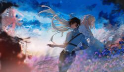 Rule 34 | 1boy, 1girl, aurore lee, black hair, blonde hair, blue eyes, blue sky, blurry, blurry background, brother and sister, brown pants, chinese commentary, circle of inevitability, commentary request, day, dress, field, flower, flower field, haohaoxuexi209, highres, jewelry, long hair, lord of the mysteries, lumian lee, necklace, outdoors, pants, plant, shaded face, shirt, siblings, sky, white dress, white shirt, wind