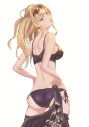 Rule 34 | 10s, 1girl, :o, absurdres, ass, back, bare arms, bare shoulders, bikini, black-framed eyewear, black ribbon, blonde hair, blue eyes, breasts, commentary request, cowboy shot, emoshon, eyewear on head, from behind, granblue fantasy, highres, holding, legs together, long hair, looking back, medium breasts, open mouth, ribbon, sarong, shoulder blades, side-tie bikini bottom, sideboob, simple background, skindentation, solo, standing, strap gap, sunglasses, swimsuit, thigh strap, tsurime, twintails, undressing, white background, zeta (dark) (granblue fantasy), zeta (granblue fantasy)