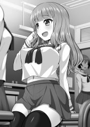 Rule 34 | 3girls, blunt bangs, breasts, classroom, commentary request, girls und panzer, greyscale, highres, large breasts, long hair, monochrome, multiple girls, navel, ooarai school uniform, open mouth, perky breasts, school uniform, sekai saisoku no panda, serafuku, sitting, skirt, solo focus, takebe saori, thighhighs, zettai ryouiki