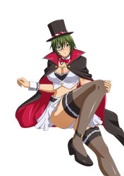 Rule 34 | 1girl, blue eyes, bowtie, breasts, cape, cleavage, green hair, hat, ikkitousen, kyocho chuukou, monocle, panties, short hair, simple background, tagme, thighhighs, top hat, underwear, white background, white panties, wrist cuffs