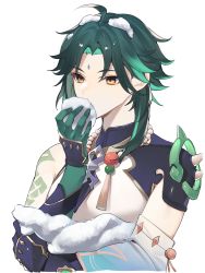 Rule 34 | 1boy, :t, aqua hair, arm tattoo, armor, asymmetrical gloves, asymmetrical sleeves, bead necklace, beads, black hair, detached sleeves, eating, ebibi chiriri, eyeshadow, facial mark, forehead mark, genshin impact, genshin impact sticker redraw (meme), gloves, gradient hair, green hair, highres, holding, jewelry, makeup, male focus, meme, multicolored hair, necklace, parted bangs, red eyeshadow, simple background, snow on head, solo, spiked armor, tattoo, upper body, white background, xiao (genshin impact), yellow eyes