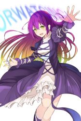 Rule 34 | 1girl, :d, black dress, brown hair, cross-laced clothes, dress, english text, gradient hair, happy, highres, hijiri byakuren, holding, holding scroll, juliet sleeves, layered dress, long hair, long sleeves, looking at viewer, multicolored hair, open mouth, po (anhk5528), puffy sleeves, purple hair, scroll, simple background, smile, solo, sorcerer&#039;s sutra scroll, standing, touhou, turtleneck, turtleneck dress, white background, white dress, yellow eyes, ||/