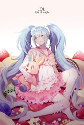 Rule 34 | 1girl, bad id, bad pixiv id, blue eyes, blue hair, blueberry, checkerboard cookie, cookie, copyright name, food, fruit, gotmil, hatsune miku, kneehighs, lol -lots of laugh- (vocaloid), long hair, matching hair/eyes, sailor collar, scrunchie, sitting, socks, solo, star (symbol), strawberry, stuffed animal, stuffed rabbit, stuffed toy, twintails, very long hair, vocaloid