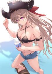 Rule 34 | 1girl, arm strap, azur lane, bad id, bad pixiv id, bare shoulders, barefoot, bikini, bikini under clothes, black bikini, black hat, breasts, brown hair, cleavage, criss-cross halter, cross-laced bikini, cross-laced clothes, cup, denim, denim shorts, disposable cup, earrings, front-tie bikini top, front-tie top, halterneck, hand up, hat, holding, jean bart (azur lane), jean bart (private apres midi) (azur lane), jewelry, long hair, looking at viewer, medium breasts, micro shorts, mokyumokyuchan, navel, necklace, open fly, pink eyes, pirate hat, shorts, solo, stomach, string bikini, swimsuit, thighs, very long hair