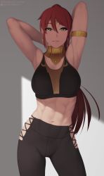 Rule 34 | 1girl, abs, armlet, armpits, arms behind head, arms up, artist name, breasts, circlet, closed mouth, commission, earrings, fanbox username, gorget, green eyes, hair between eyes, highres, hip vent, indoors, jewelry, large breasts, light smile, lips, long hair, looking at viewer, midriff, muscular, muscular female, navel, pants, patreon logo, patreon username, putcher, pyrrha nikos, red hair, rwby, shade, solo, sports bra, standing, stomach, tareme, toned, very long hair, watermark, web address