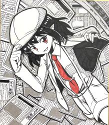 Rule 34 | 1girl, breasts, cabbie hat, collared shirt, cowboy shot, dutch angle, flat cap, hat, highres, jacket, kneehighs, limited palette, necktie, newspaper, no wings, open mouth, pointy ears, red eyes, red necktie, shameimaru aya, shameimaru aya (newsboy), shirt, shorts, small breasts, socks, solo, suit jacket, suspender shorts, suspenders, tie clip, touhou, traditional media, yakousei no kame