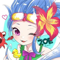 Rule 34 | 1girl, absurdly long hair, alternate costume, alternate eye color, alternate hair color, bare shoulders, flower, goggles, hair flower, hair ornament, league of legends, long hair, lowres, pool party zoe, very long hair, wink, zoe (league of legends)