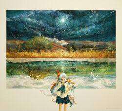 Rule 34 | 1girl, album cover, animal, animal on shoulder, bird, bird on shoulder, blue eyes, closed mouth, cover, flower, highres, holding, holding flower, horizon, house, magic (vocaloid), misaki (chess08), moon, mountainous horizon, night, night sky, original, painting (object), sky, solo, tree, water, white hair