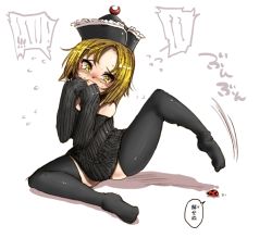 Rule 34 | 1girl, alternate costume, bare shoulders, black thighhighs, blonde hair, blush, bug, covering own mouth, female focus, full body, harusame (unmei no ikasumi), hat, insect, ladybug, legs, lunasa prismriver, naked sweater, off shoulder, ribbed sweater, scared, short hair, simple background, solo, sweater, thighhighs, touhou, white background, yellow eyes