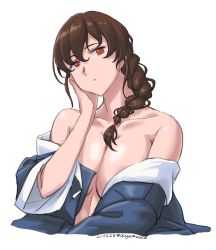 Rule 34 | 1girl, alternate breast size, bare shoulders, blue coat, braid, breasts, brown hair, cleavage, coat, commentary request, cropped torso, highres, kantai collection, large breasts, long hair, looking at viewer, one-hour drawing challenge, open clothes, orange eyes, simple background, single braid, solo, souya (kancolle), sozan, upper body, white background