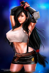 Rule 34 | 1girl, armpits, arms up, artist name, black hair, breasts, brown eyes, chocobo, final fantasy, final fantasy vii, fingerless gloves, gloves, highres, large breasts, legs, lipstick, long hair, looking at viewer, makeup, midriff, navel, skirt, smile, square enix, suspenders, tan, tank top, tanline, thick thighs, thighs, tifa lockhart, toned, water