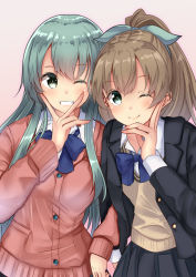 Rule 34 | 2girls, ;), absurdres, aqua eyes, aqua hair, black jacket, black skirt, blazer, blue bow, blue bowtie, bow, bowtie, brown hair, brown sweater vest, cardigan, closed mouth, collared shirt, duplicate, green eyes, hair between eyes, hair ornament, hairclip, highres, himura moritaka, jacket, kantai collection, kumano (kancolle), locked arms, long hair, multiple girls, official alternate costume, one eye closed, parted lips, pink cardigan, pixel-perfect duplicate, pleated skirt, ponytail, school uniform, shirt, skirt, smile, suzuya (kancolle), sweater vest, upper body, v, white shirt