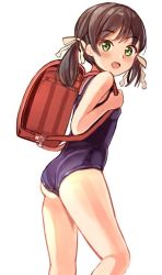 Rule 34 | 1girl, ass, backpack, bad id, bad twitter id, bag, brown hair, commentary request, dada (esoragoto), female focus, from side, green eyes, inactive account, kneepits, legs, long hair, looking at viewer, looking back, one-piece swimsuit, open mouth, original, randoseru, ribbon, school swimsuit, simple background, smile, solo, swimsuit, thighs, twintails, white background